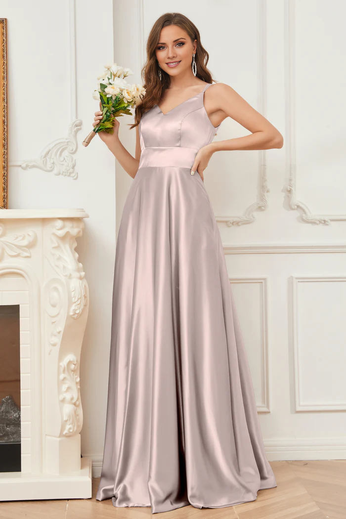 Vestido de dama de honor de satén suave, escote en V y tirantes finos hasta el suelo