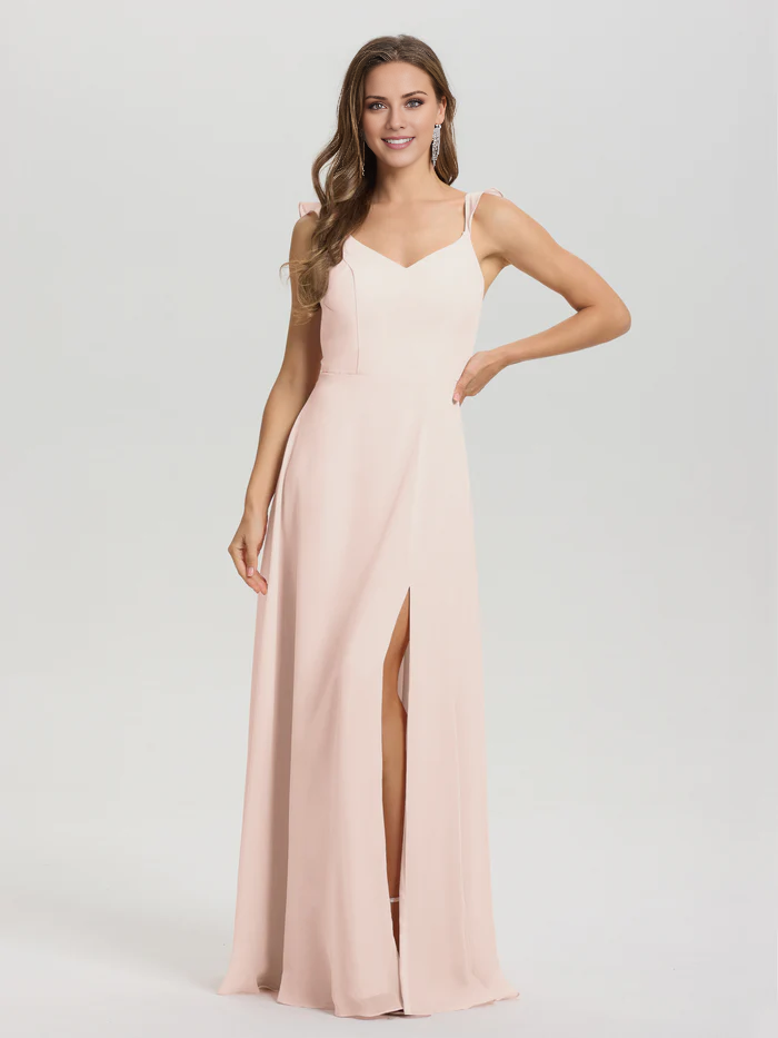 Vestido de dama de honor largo hasta el suelo con abertura en gasa con escote en V y tirantes anudados