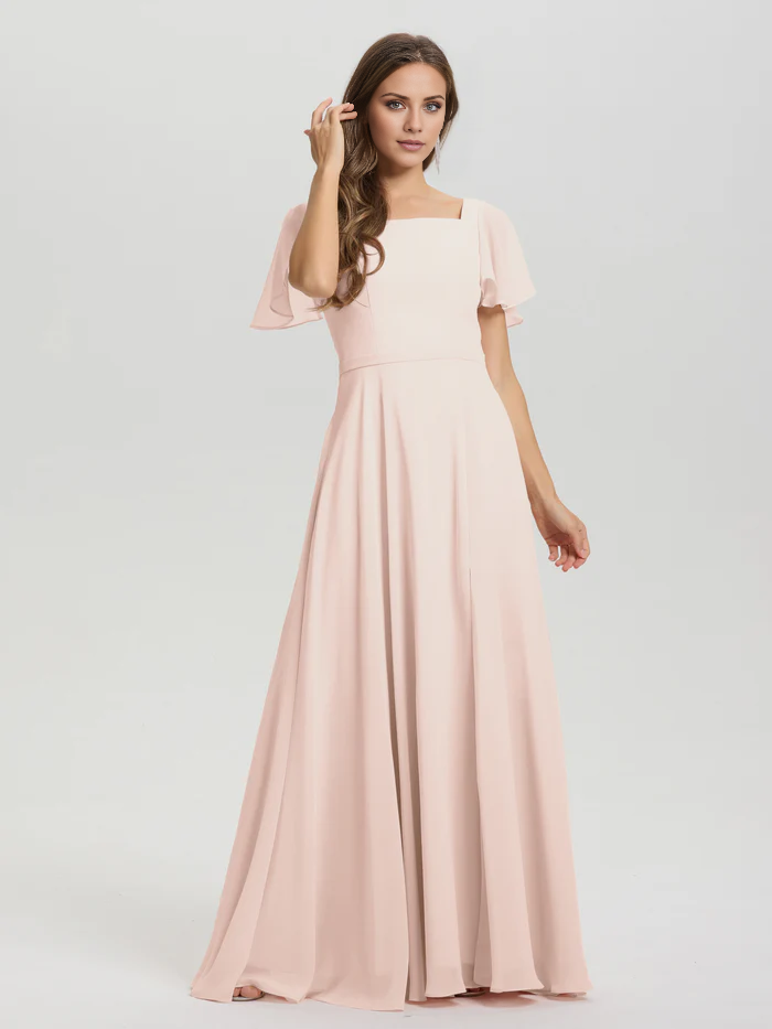 Vestido de dama de honor de gasa con cuello cuadrado, corte A, mangas cortas con volantes y largo hasta el suelo