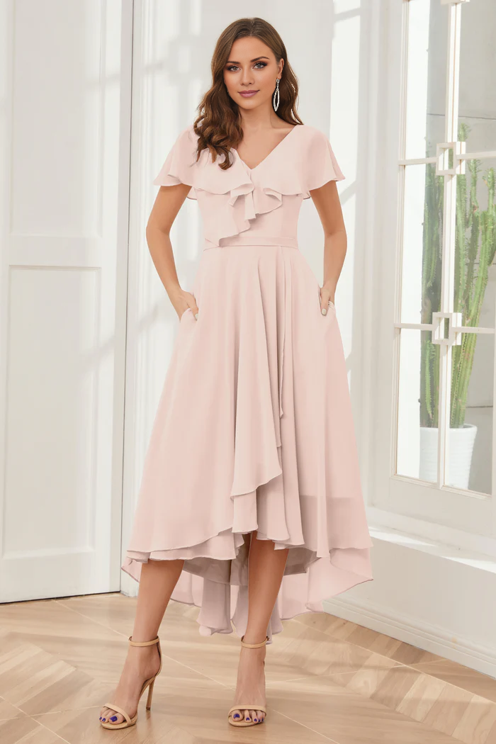 V-neck high-low short sleeved tea long bridesmaid dress