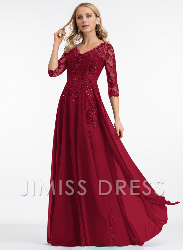 Dark Navy Lace & Chiffon A-Line Floor-Length Evening Dress with V-Neck and Sheer Sequin Sleeves