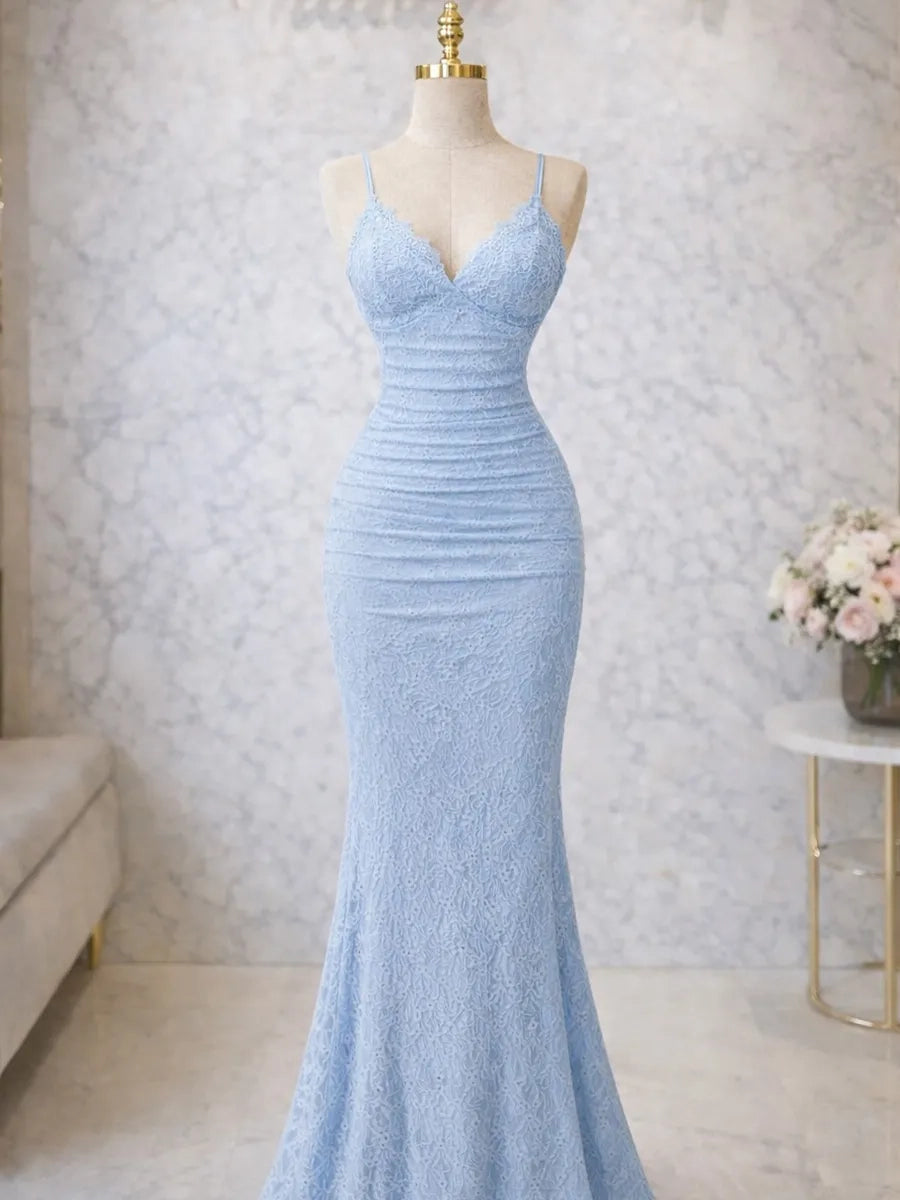 Stunning Mermaid V Neck Spaghetti Strap Zipper Back Long Prom Dress