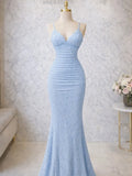 Stunning Mermaid V Neck Spaghetti Strap Zipper Back Long Prom Dress