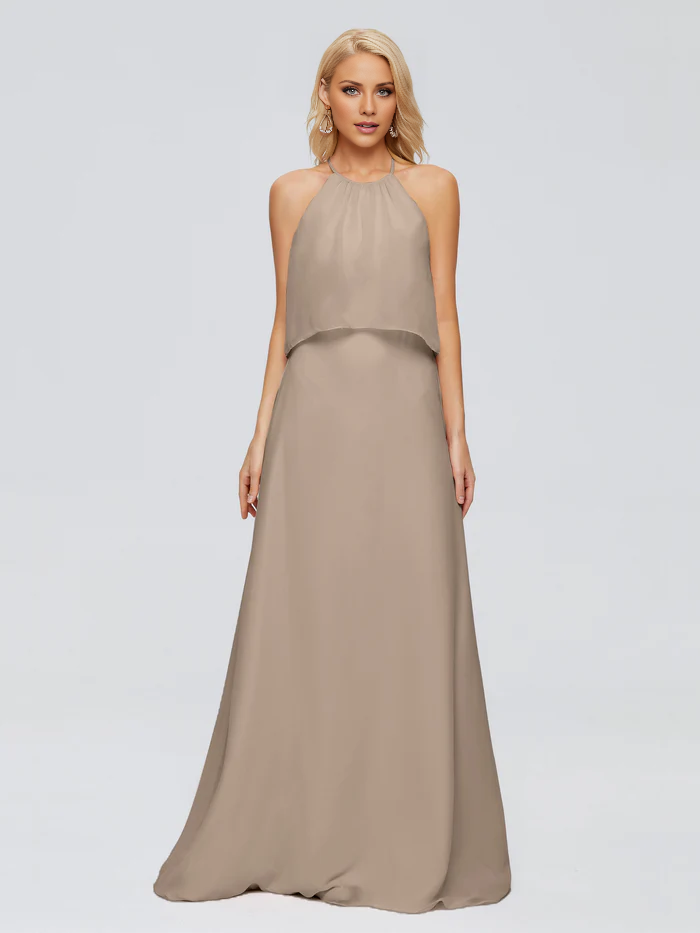 Vestido de dama de honor largo hasta el suelo en gasa con escote halter