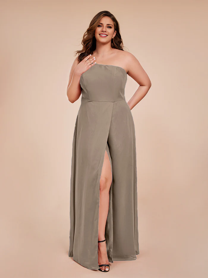Plus size one shoulder side slit chiffon bridesmaid dress