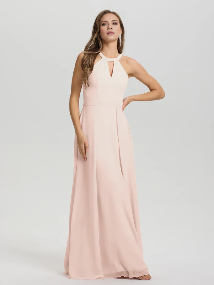 A-line keyhole collar sleeveless chiffon and floor length bridesmaid dress