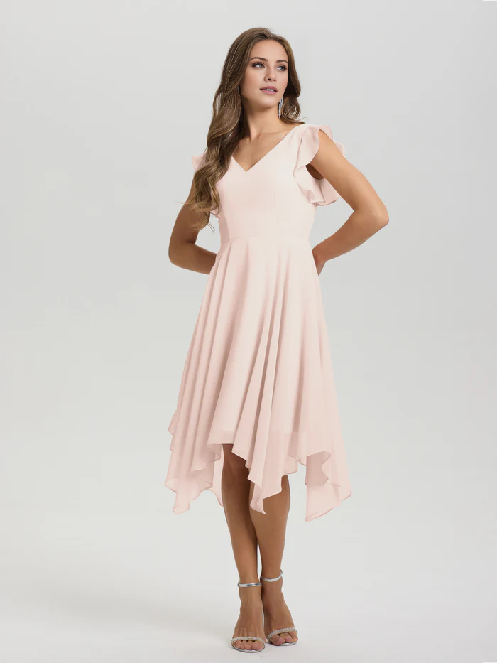 Lotus leaf edge sleeve V-neck asymmetrical tea long chiffon tea long bridesmaid dress