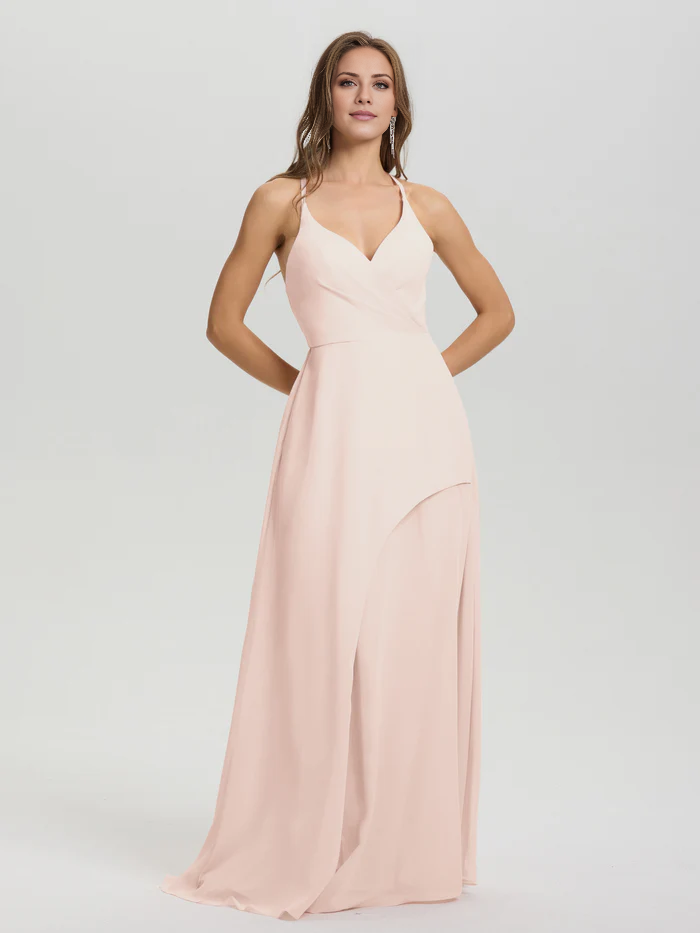 Shoulder strap V-neck backless long chiffon formal and floor length Bridesmaid dresses