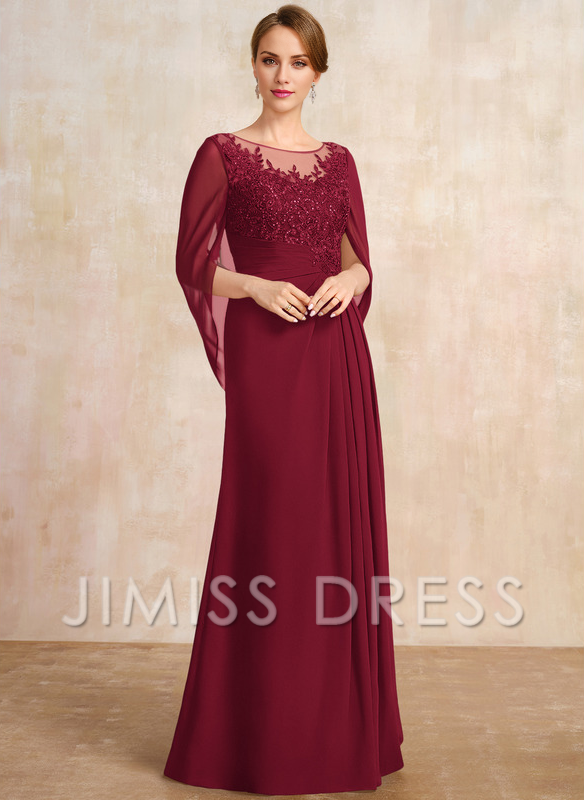 Dark Navy Chiffon A-Line Floor-Length Dress with Illusion Neck & Cape Sleeves