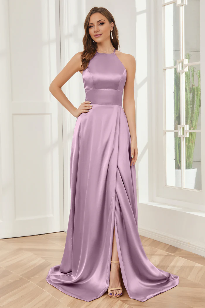 Vestido de dama de honor largo hasta el suelo de satén suave con escote de columna