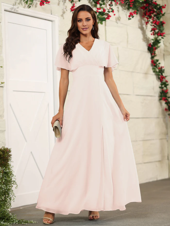 Chiffon short sleeved V-neck slit and floor length bridesmaid dress