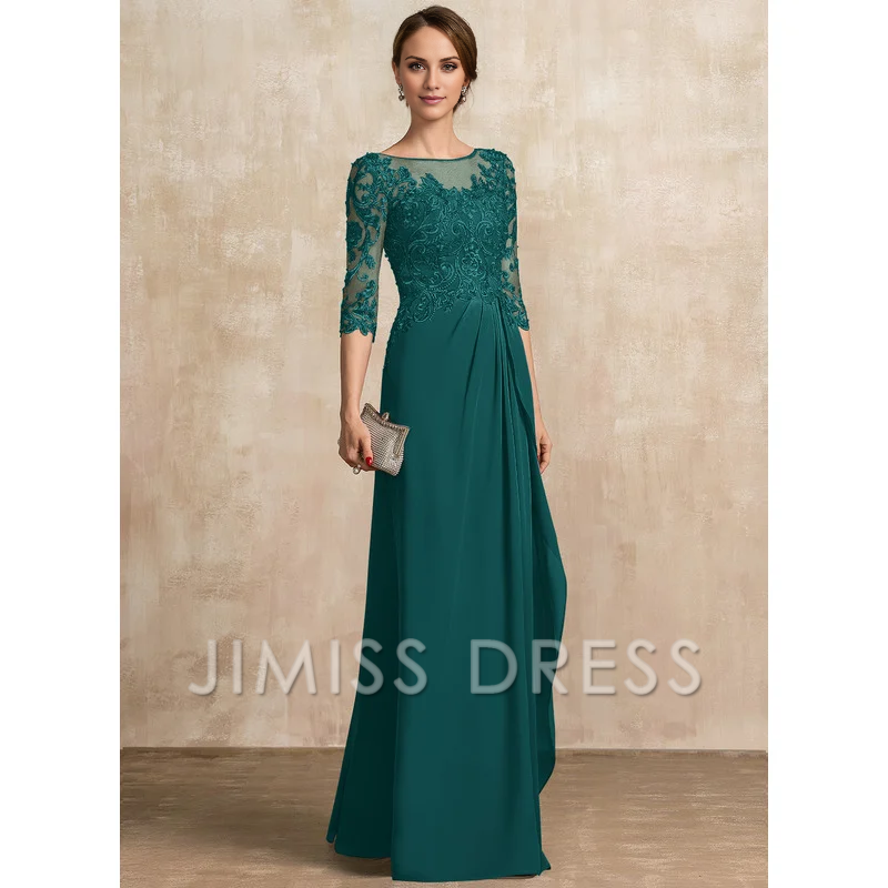 Jimiss A-shaped Scoop Illusion floor mopping chiffon lace ribbon bead sequins layered ruffles mother of the bride dress