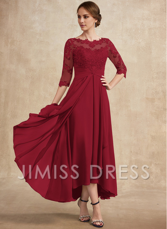 Slate Blue Chiffon A-Line Asymmetrical Evening Dress with Lace Bodice and Boat Neck