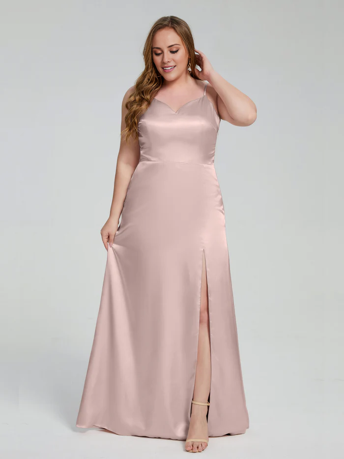 Champagne Satin A-Line Floor-Length Bridesmaid Dress with Sweetheart Neckline and High Slit