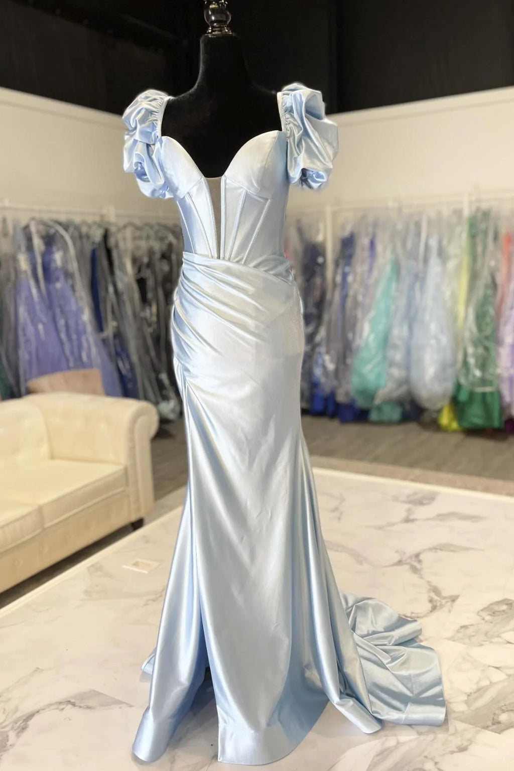 Glam Mermaid Sweetheart Short-sleeve Slit Light-Blue Train Prom Dress