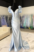 Glam Mermaid Sweetheart Short-sleeve Slit Light-Blue Train Prom Dress