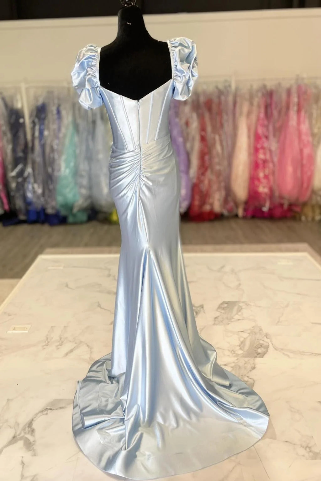 Glam Mermaid Sweetheart Short-sleeve Slit Light-Blue Train Prom Dress