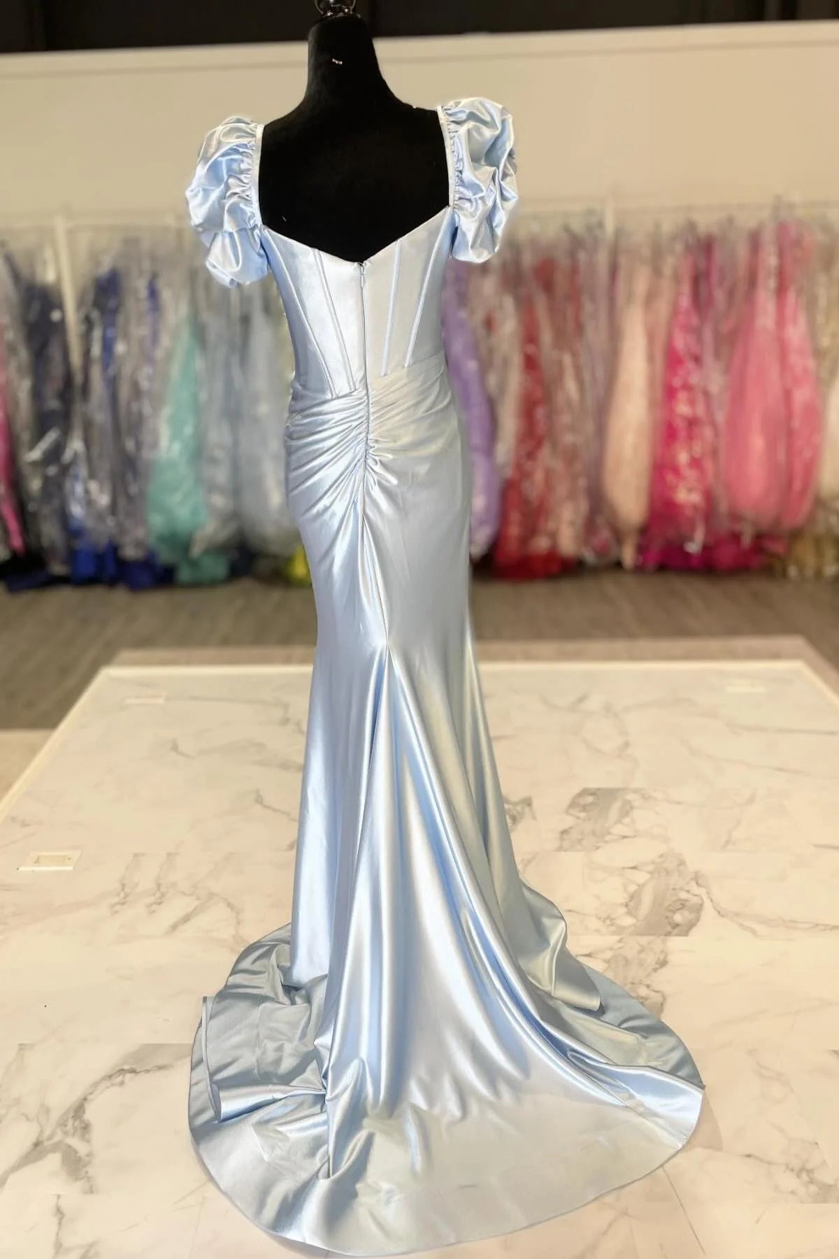 Glam Mermaid Sweetheart Short-sleeve Slit Light-Blue Train Prom Dress