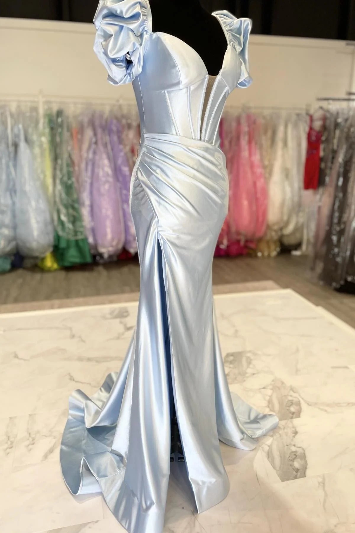 Glam Mermaid Sweetheart Short-sleeve Slit Light-Blue Train Prom Dress