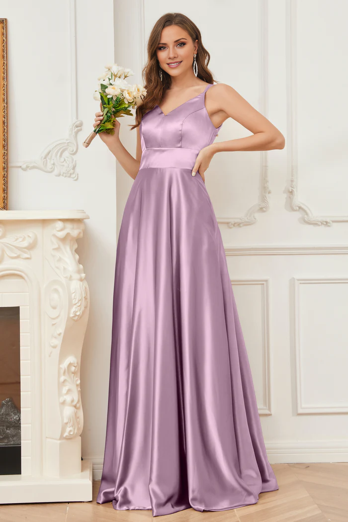 Vestido de dama de honor de satén suave, escote en V y tirantes finos hasta el suelo