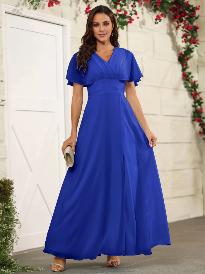 Chiffon short sleeved V-neck slit and floor length bridesmaid dress