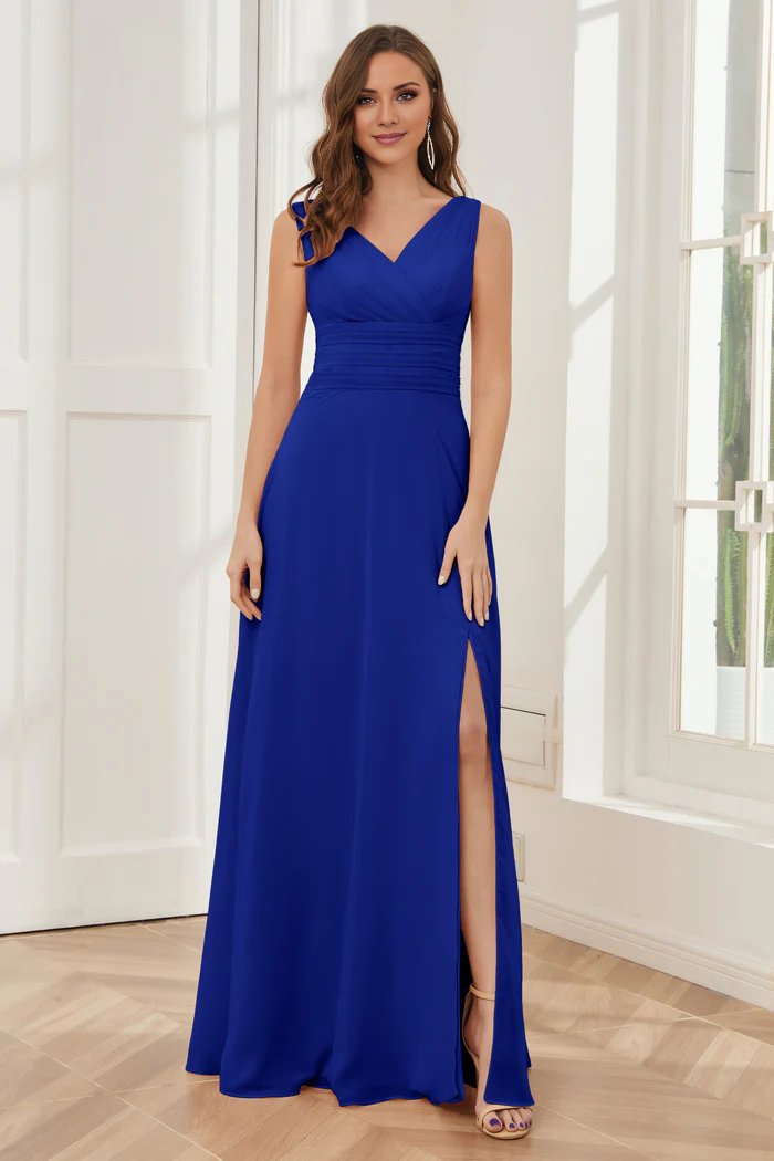 Vestido de dama de honor largo hasta el suelo, de gasa, sin mangas, con escote en V y abertura lateral