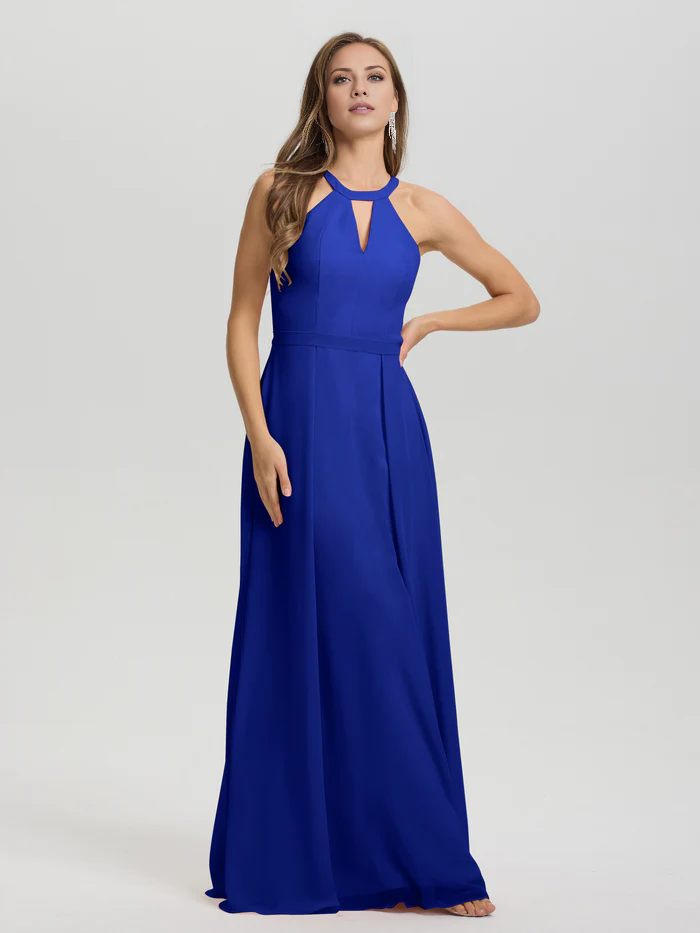 A-line keyhole collar sleeveless chiffon and floor length bridesmaid dress