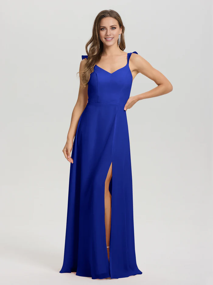 Vestido de dama de honor largo hasta el suelo con abertura en gasa con escote en V y tirantes anudados