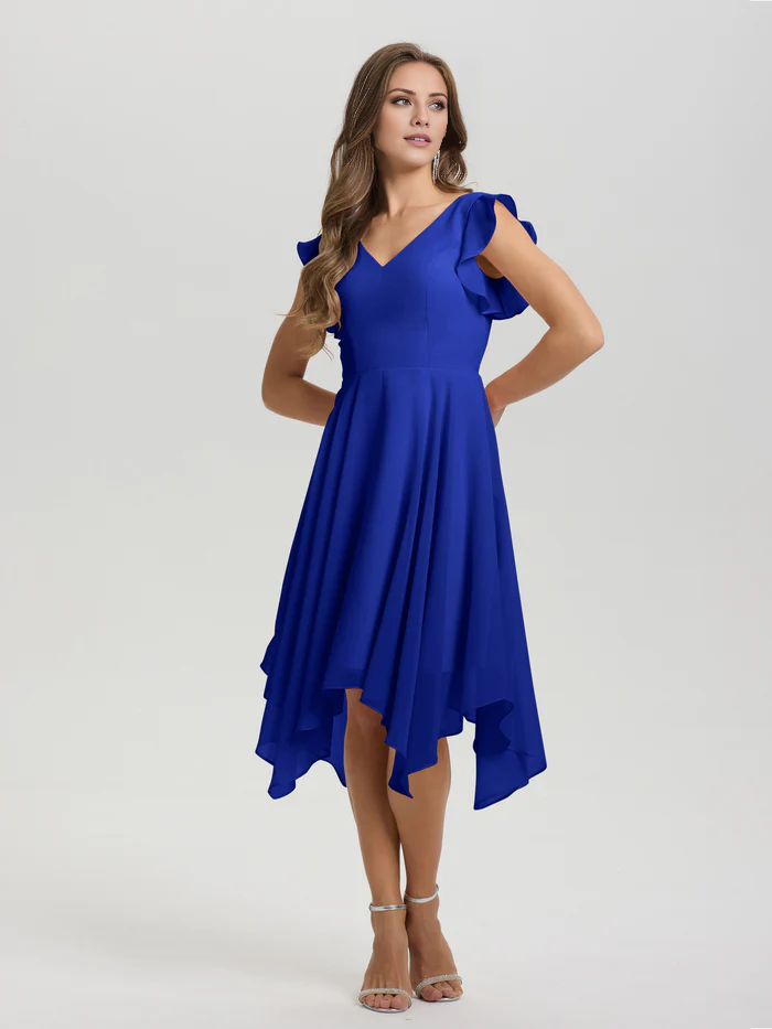 Lotus leaf edge sleeve V-neck asymmetrical tea long chiffon tea long bridesmaid dress