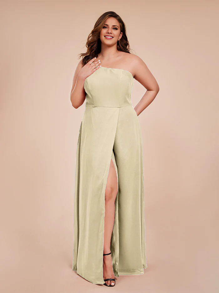 Plus size one shoulder side slit chiffon bridesmaid dress