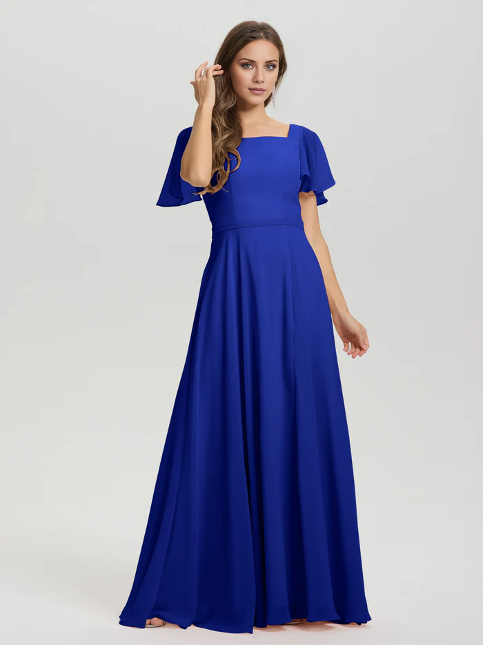 Vestido de dama de honor de gasa con cuello cuadrado, corte A, mangas cortas con volantes y largo hasta el suelo