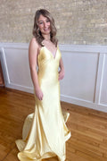 Charming Pale Yellow Satin Mermaid V Neck Spaghetti Straps Crisscross Back Train Long Prom Dress