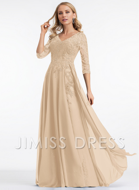 Dark Navy Lace & Chiffon A-Line Floor-Length Evening Dress with V-Neck and Sheer Sequin Sleeves