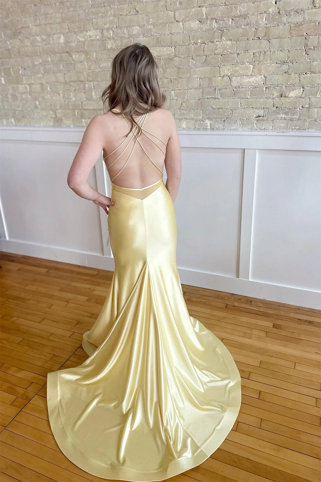 Charming Pale Yellow Satin Mermaid V Neck Spaghetti Straps Crisscross Back Train Long Prom Dress