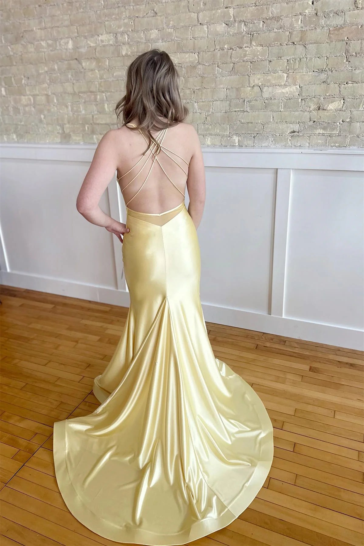 Charming Pale Yellow Satin Mermaid V Neck Spaghetti Straps Crisscross Back Train Long Prom Dress