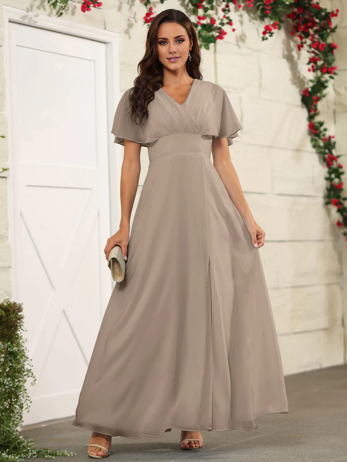 Chiffon short sleeved V-neck slit and floor length bridesmaid dress