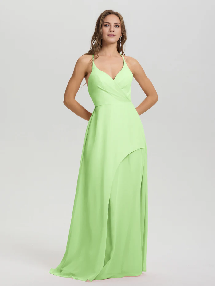 Shoulder strap V-neck backless long chiffon formal and floor length Bridesmaid dresses