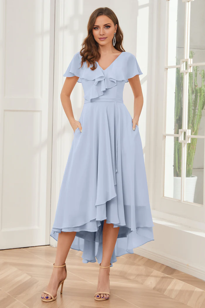 V-neck high-low short sleeved tea long bridesmaid dress