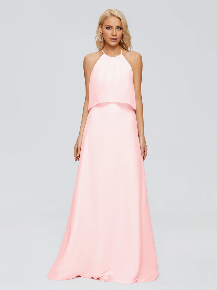 Vestido de dama de honor largo hasta el suelo en gasa con escote halter