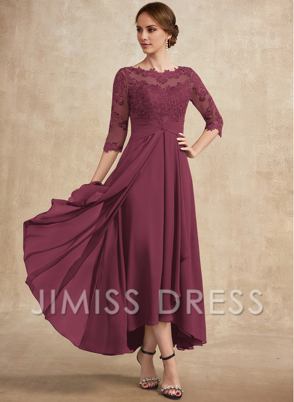 Slate Blue Chiffon A-Line Asymmetrical Evening Dress with Lace Bodice and Boat Neck
