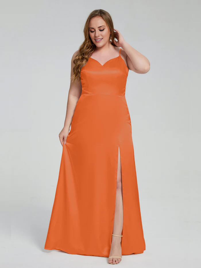 Champagne Satin A-Line Floor-Length Bridesmaid Dress with Sweetheart Neckline and High Slit