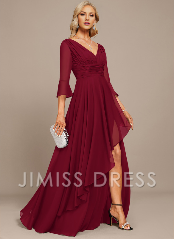 Stormy Chiffon A-Line Asymmetrical Bridesmaid Dress with V-Neck and Pleated Bodice