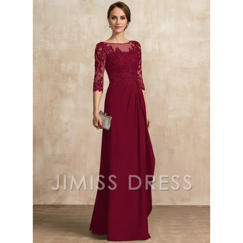Jimiss A-shaped Scoop Illusion floor mopping chiffon lace ribbon bead sequins layered ruffles mother of the bride dress