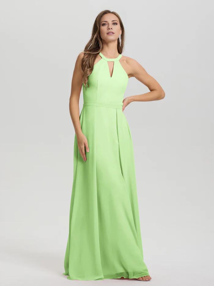 A-line keyhole collar sleeveless chiffon and floor length bridesmaid dress