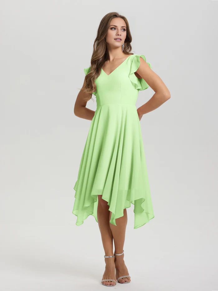 Lotus leaf edge sleeve V-neck asymmetrical tea long chiffon tea long bridesmaid dress