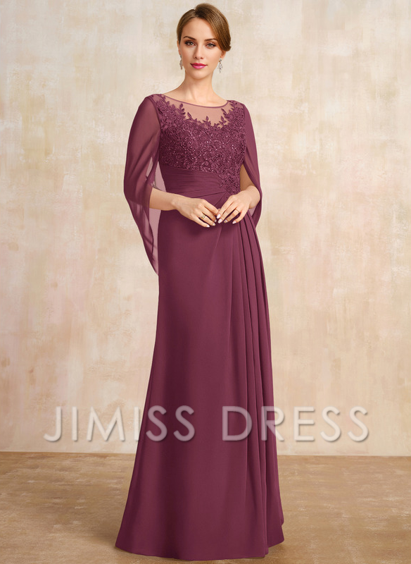 Dark Navy Chiffon A-Line Floor-Length Dress with Illusion Neck & Cape Sleeves