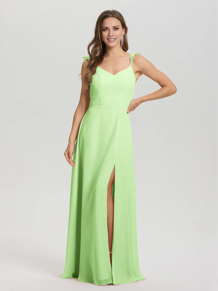 Vestido de dama de honor largo hasta el suelo con abertura en gasa con escote en V y tirantes anudados