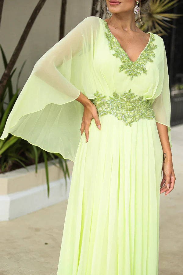 Green Chiffon Empire Floor-Length Bridesmaid Dress with V-Neck & Draped Sleeves