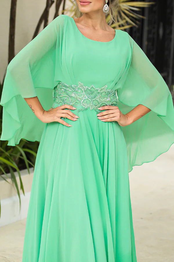 Mint Green Chiffon A-Line Floor-Length with Scoop Neck and Embellished waist + Flutter sleeves