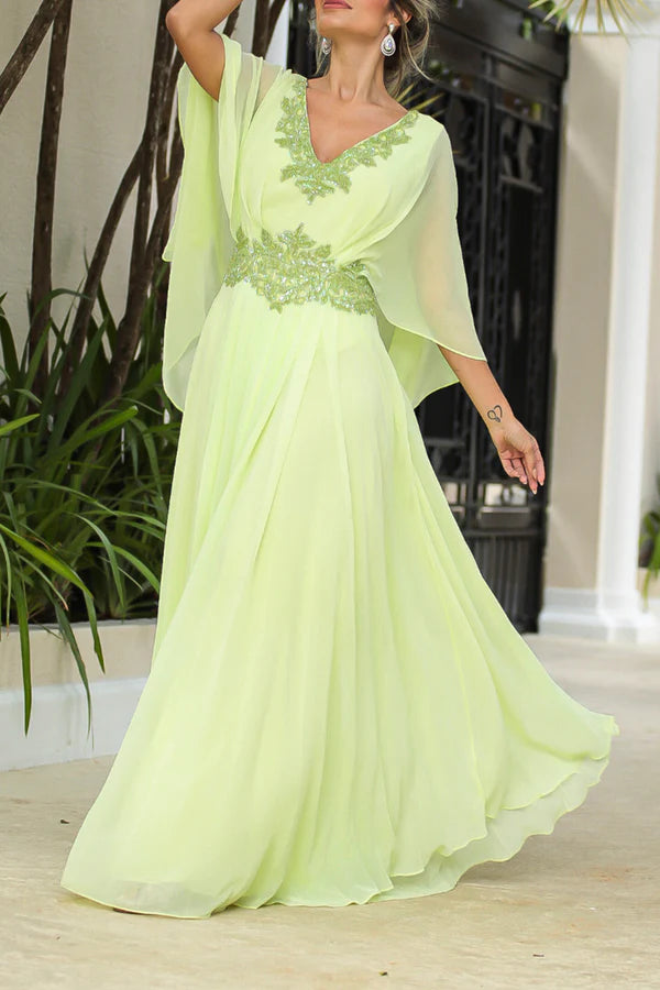 Green Chiffon Empire Floor-Length Bridesmaid Dress with V-Neck & Draped Sleeves
